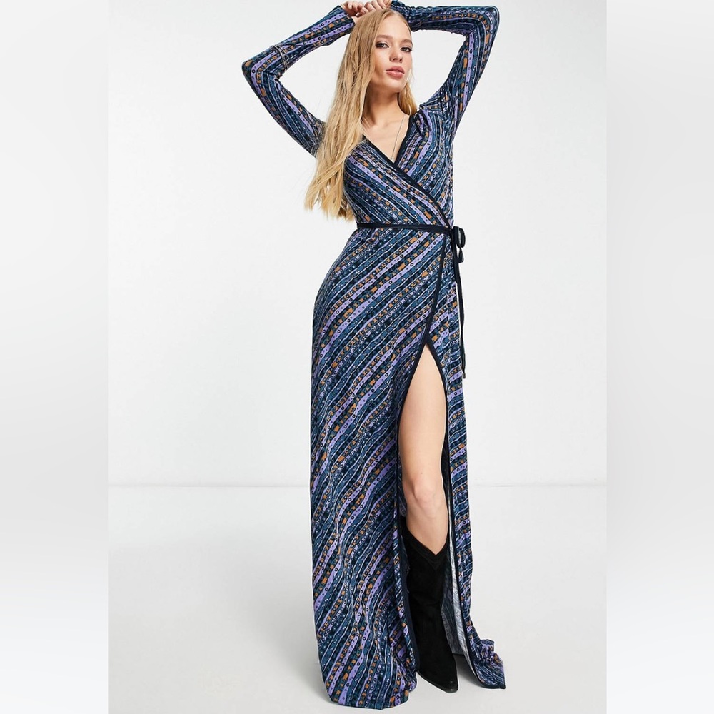Free People phoebe printed jersey maxi wrap dress in blue green colors